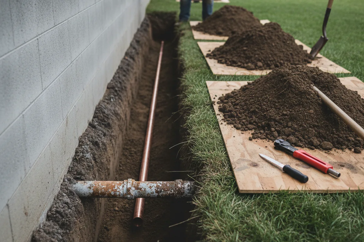 Excavated water line trench during Sewer Line Repair in Dunlevy